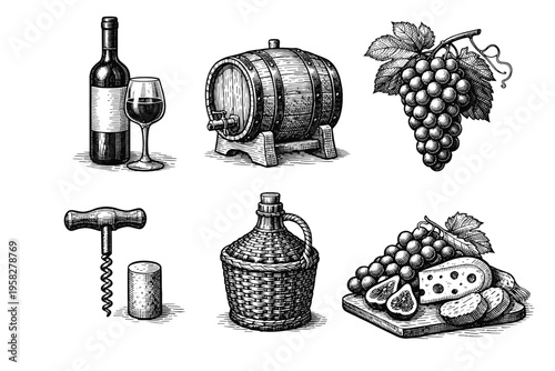 Vintage wine set in black and white engraved illustration style with bottle glass barrel corkscrew grapes and cheese pairing