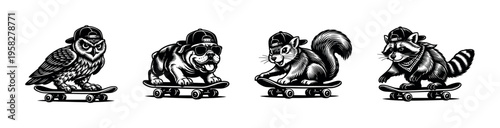 Black and white animal skateboard illustrations featuring owl dog squirrel and raccoon