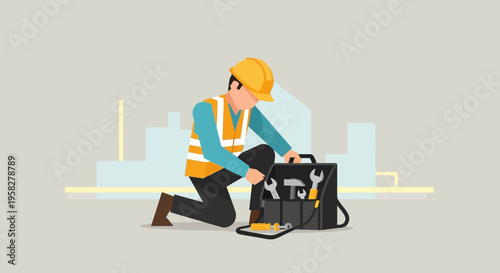 Construction Worker with Toolbox for Industrial Repair and Maintenance Service Illustration