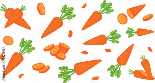 Seamless Carrot Pattern Vector with Whole Carrots, Leaves, and Sliced Pieces for Organic Food Background, Healthy Nutrition, and Farm Fresh Design