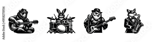 Black and white vector illustration of animal musicians featuring bear rabbit owl and fox playing instruments