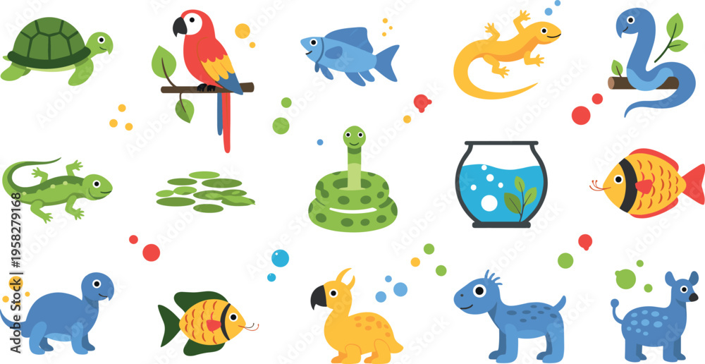 Obraz premium Cute Exotic Pets and Animals Illustration Set with Turtle, Parrot, Fish, Lizard, Snake and Aquarium Elements