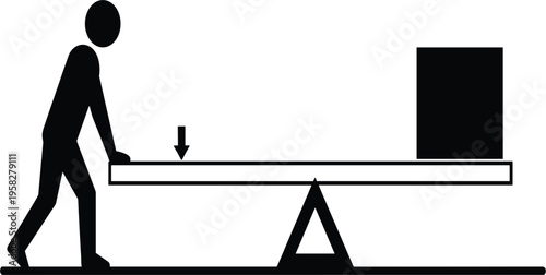 Lever Physics Principle Vector Illustration Showing Person Applying Force on Beam with Fulcrum and Load Demonstrating Mechanical Advantage Concept