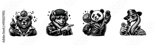 Retro animal characters dancing disco party vector illustration black and white silhouette