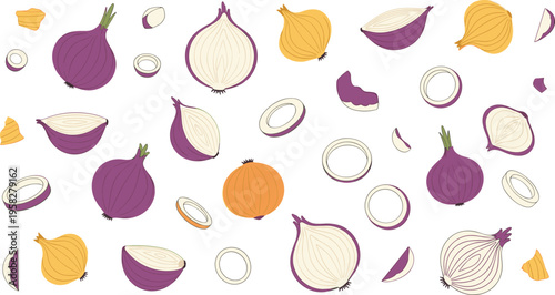 Seamless Onion Vegetable Pattern with Whole and Sliced Bulbs in Purple and Yellow for Food Packaging, Kitchen Decor, and Culinary Background Design