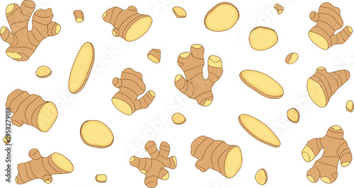 Seamless Ginger Pattern Vector with Whole Roots, Cut Pieces, and Sliced Ginger for Organic Food Background, Herbal Ingredients, and Cooking Design