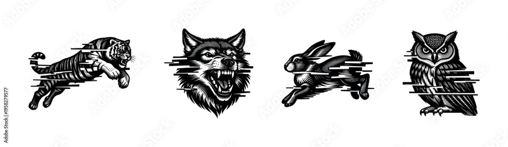Obraz premium Stylized black and white animal silhouettes vector illustration featuring tiger wolf rabbit owl
