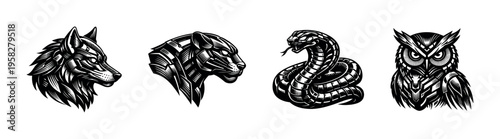 Black and white animal head illustrations wolf panther snake owl vector silhouette art