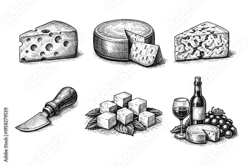 Vintage cheese collection in black and white engraved illustration style with swiss cheese wheel blue cheese cheese knife and serving board