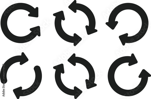 Circular arrows refresh icons showing direction process various styles clean outline symbol navigation loop vector illustration design