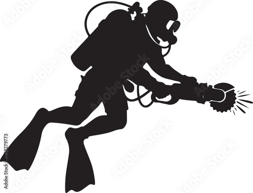 Scuba diver using underwater power tool silhouette vector on white background