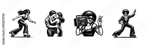 Retro 1970s inspired vector illustrations with people roller skating and dancing black and white silhouettes