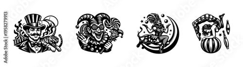 Vintage circus characters black and white vector illustrations including clown and performer elements