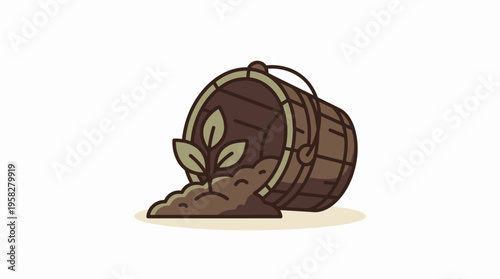 Sprouting Plant Growing Out of an Overturned Wooden Bucket