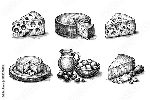 Vintage cheese collection in black and white engraved illustration style with swiss cheese wheel blue cheese cheese knife and serving board