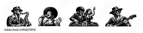 Black and white vector silhouette of musicians playing instruments and dj performing