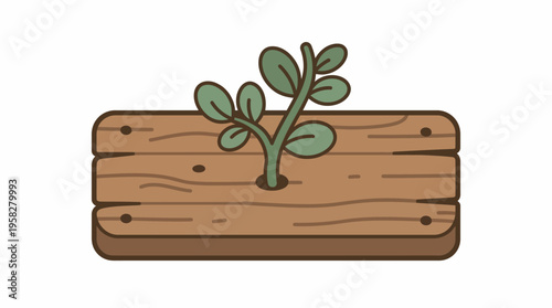Vibrant green sprout emerging from a rustic wooden plank, symbolizing organic growth and environmental sustainability