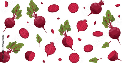 Beetroot Seamless Pattern Vector with Whole and Sliced Beets, Red Root Vegetable Background for Organic Food Design, Cooking Graphics, and Kitchen Decor Illustration
