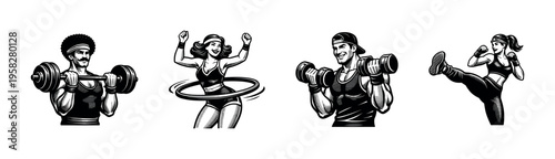 Black and white fitness illustrations of athletes with dumbbells and hula hoop in vector style
