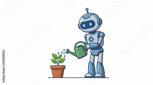 Vector illustration of an AI robot watering a green plant