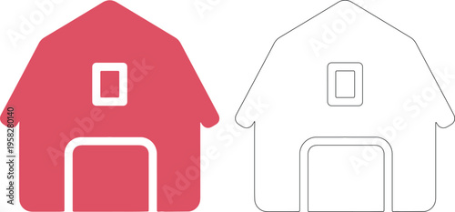 Red and white house silhouettes with windows and doors