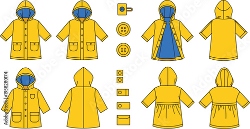 Yellow Raincoat Vector Set with Hooded Jacket Front Back Views, Button Details, Sewing Elements, Children Outerwear Design Template Illustration