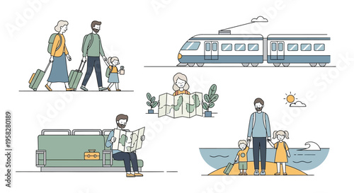 Set of 5 vector travel icons with people wearing face masks