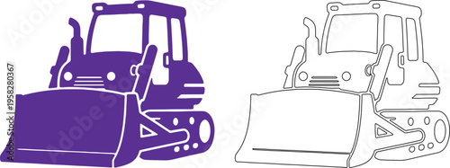 Purple compact bulldozer silhouette and black outline on white background