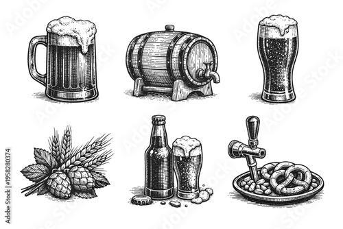 Vintage beer set in black and white engraved illustration style with beer mug bottle barrel hops pretzels and sausages