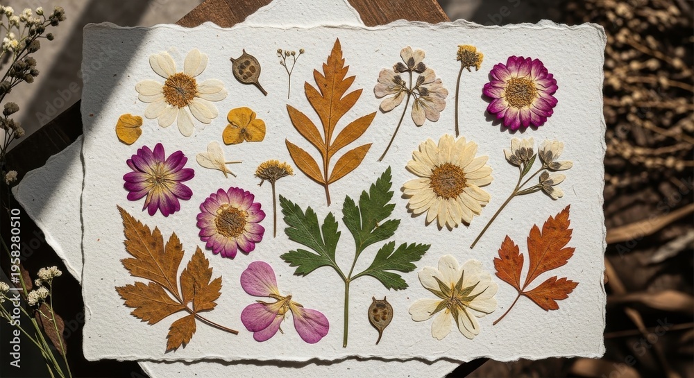 Fototapeta premium An Assortment of Pressed Botanical Specimens Including Various Flowers and Leaves on Textured Paper