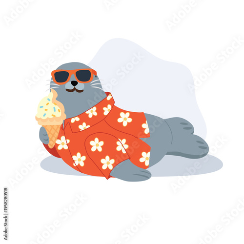 funny seal character in hawaiian shirt enjoying ice cream by seaside summer lifestyle