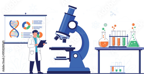 Scientist Working in Laboratory with Microscope and Chemical Experiments for Biotechnology Research Medical Science and Education Vector Illustration