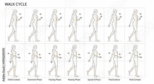 Human walk cycle phases illustration anatomy of walking motion sequence