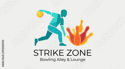 An energetic illustration showing a bowler releasing a bowling ball towards a set of flames, creating a dynamic and fun visual perfect for a bowling alley.