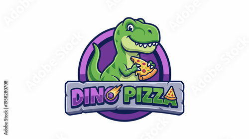 A quirky logo featuring a dinosaur enjoying pizza, merging fun and food appeal, ideal for kid-friendly pizza establishments or playful food branding.