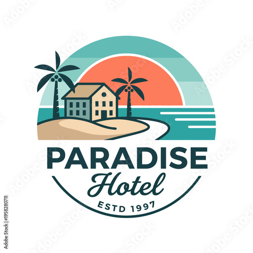 This logo design showcases a picturesque beach scene with palm trees and a sunset, promoting a sense of tranquility and relaxation synonymous with a dream vacation.