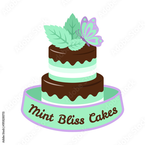 This illustration presents a beautifully crafted cake adorned with mint leaves and a butterfly, symbolizing the freshness and delight associated with exquisite cake creations.
