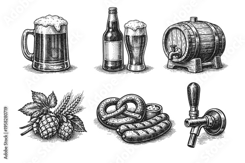 Vintage beer set in black and white engraved illustration style with beer mug bottle barrel hops pretzels and sausages