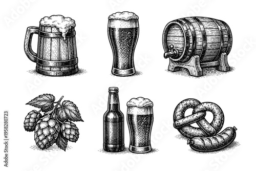 Vintage beer set in black and white engraved illustration style with beer mug bottle barrel hops pretzels and sausages