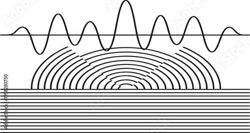 Wave Reflection and Diffraction Vector Diagram Showing Sound or Water Waves Interacting with Surface Boundary and Interference Pattern Illustration