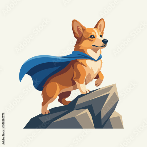 A heroic corgi stands on a rock with a blue cape, portraying strength, confidence, and playfulness, appealing to pet lovers and children in a cartoon style.