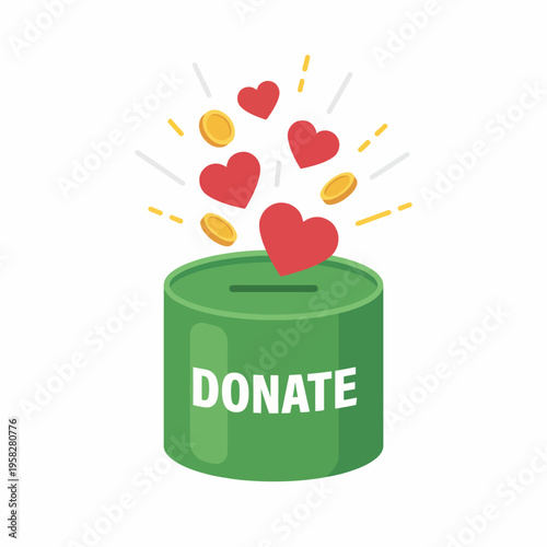 A green donation box is depicted with colorful hearts and coins, symbolizing generosity, kindness, and the impact of donations on charity and community support.