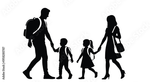 Vector silhouette of family with two children walking