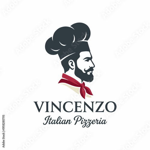 A stylish and modern logo design for an Italian pizzeria featuring a chef with a cap, emphasizing Italian culinary tradition and creativity in food presentation.