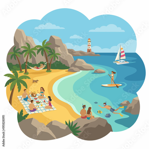 A vibrant beach scene depicting families enjoying various activities like picnicking, paddle boarding, and swimming against a beautiful coastal backdrop of rocks and palm trees.