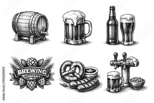 Vintage beer set in black and white engraved illustration style with beer mug bottle barrel hops pretzels and sausages