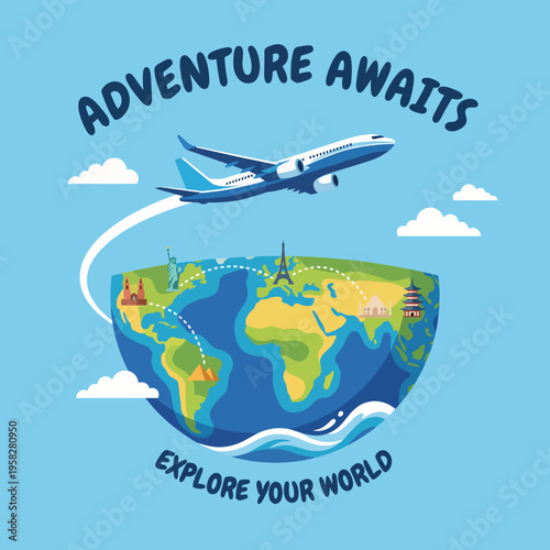 An adventurous graphic illustrating a globe with landmarks and an airplane flying above, symbolizing global travel aspirations and the excitement of exploring new places.
