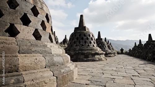 Borobudur Temple Stone Stupas on Upper Terrace Under Cloudy Sky