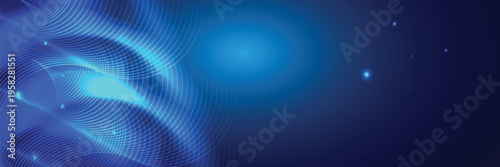 Abstract blue wave lines technology background with glowing circular grid and copy space right for modern business or science banner