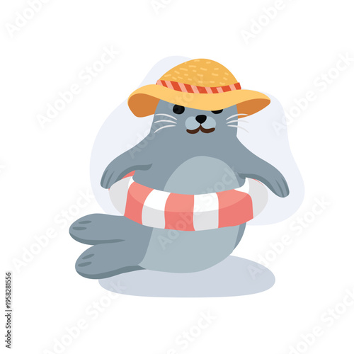 seal cartoon character wearing straw hat and swimming ring cute marine animal summer beach illustration for kids design and vacation theme